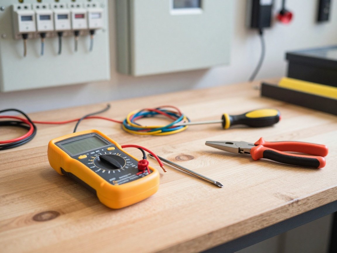 Ein digitales Multimeter, bunte Kabel und isolierte Zangen liegen auf einer Werkbank vor einem Sicherungskasten.