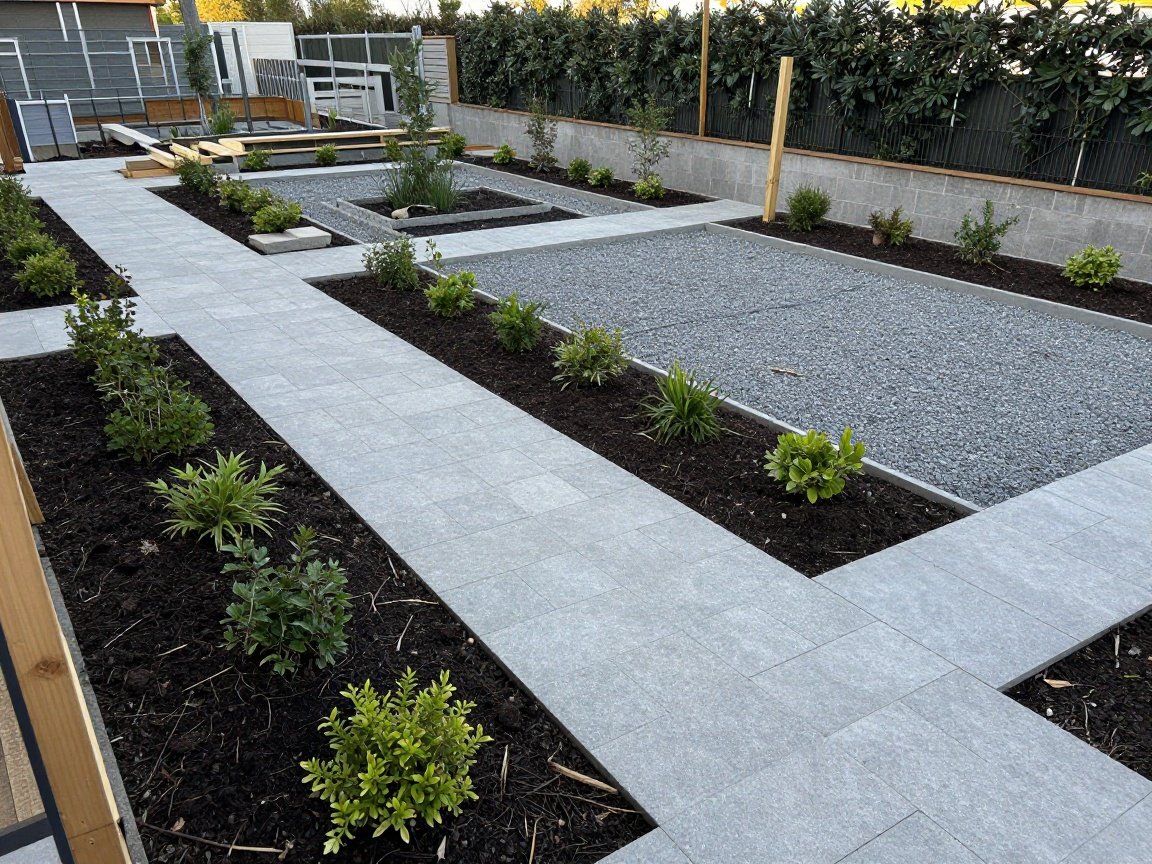 Nahaufnahme einer professionellen Gartenbau-Baustelle mit neuen Steinpfaden und angelegten Pflanzbeeten.
