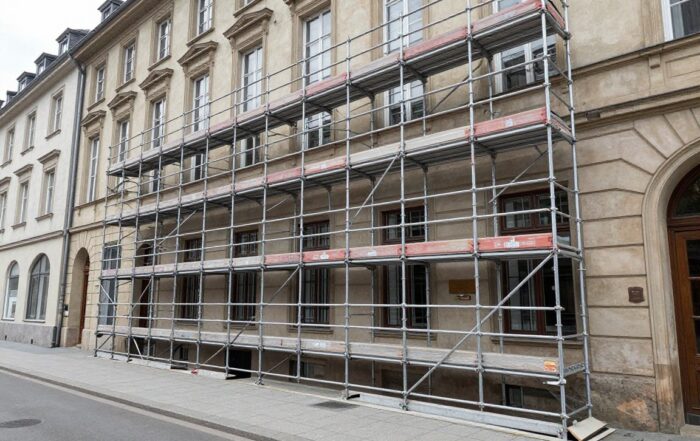 Großes professionelles Metallgerüst vor einem klassischen deutschen Stadtgebäude auf dem Gehweg.