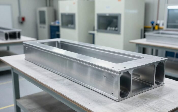 Professionelle Industrielackiererei mit einem Metallbauteil auf einer Werkbank in einer hellen Werkstatt.