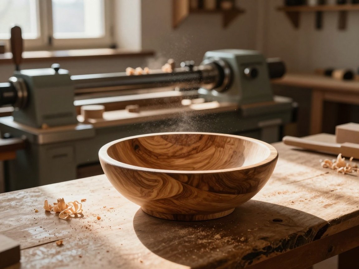 Traditionelle Holzschale auf der Drechslerwerkbank Eine handgefertigte Holzschale auf einer rustikalen Werkbank in einer sonnendurchfluteten Drechslerei.