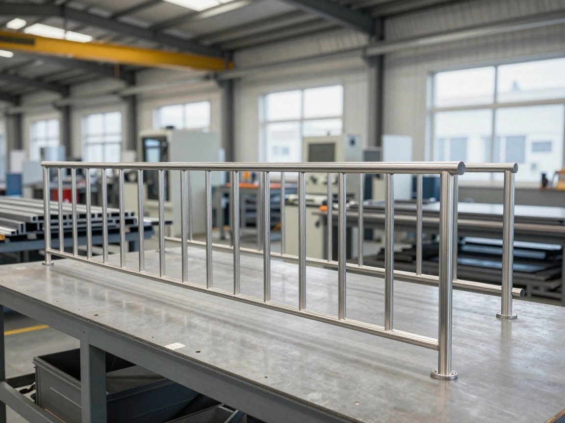 Metallwerkstatt: Edelstahlgeländer in der Fertigung Ein halbfertiges Edelstahlgeländer auf einer Werkbank in einer professionellen Metallbauwerkstatt.