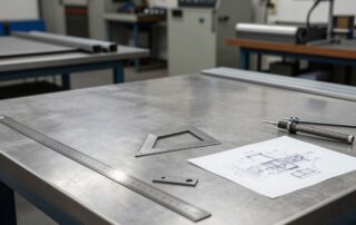 Edelstahlblech mit Messwerkzeugen und technischer Zeichnung in einer Metallwerkstatt