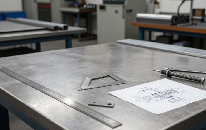 Edelstahlblech mit Messwerkzeugen und technischer Zeichnung in einer Metallwerkstatt