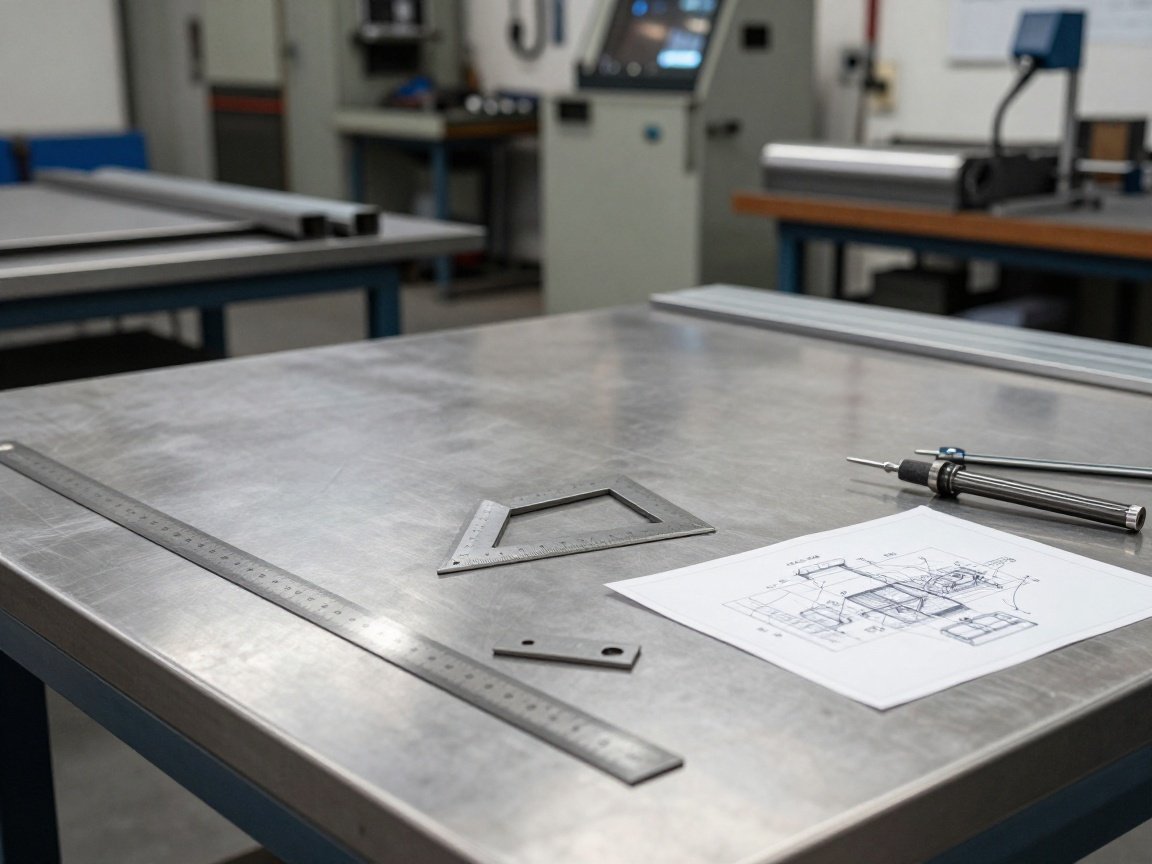 Präzisionswerkzeuge in der Edelstahlverarbeitung Edelstahlblech mit Messwerkzeugen und technischer Zeichnung in einer Metallwerkstatt