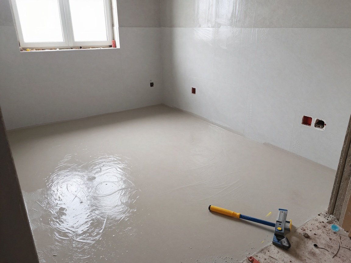 Abdichtung von Feuchträumen bei der Badrenovierung Professionelle Abdichtung eines Badezimmerbodens mit flüssiger Kunststoffbeschichtung auf einer Baustelle.