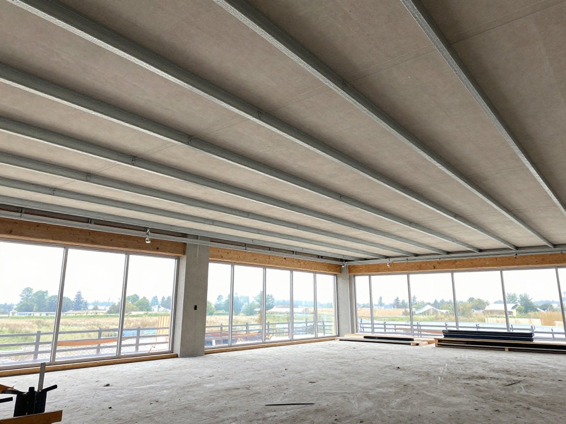 Materialermittlung im Deckenbau Moderne Baustelle mit einer abgehängten Decke aus Metallprofilen und Gipskartonplatten.