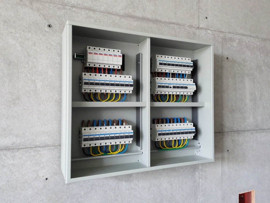 Montage einer modernen Elektro-Unterverteilung Geöffnete elektrische Unterverteilung mit ordentlich verlegten Leitungssperren und Sicherungsautomaten an einer Betonwand.