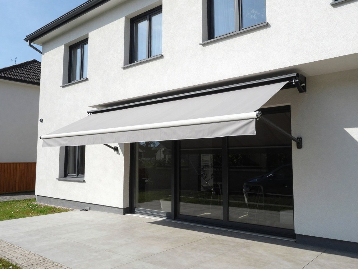 Professionelle Markisenmontage an einer Hausfassade Moderne Gelenkarmmarkise über einer gepflegten Terrasse an einem Wohnhaus.