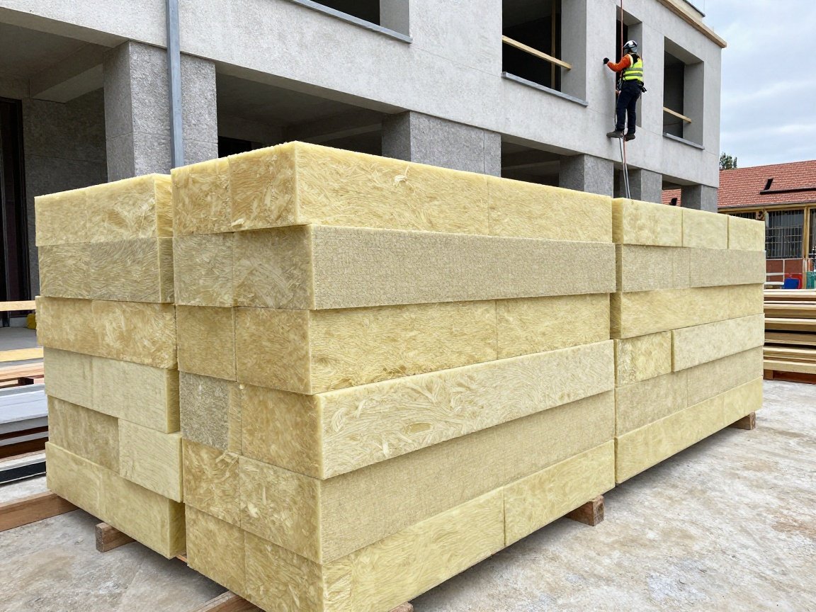 Dämmplatten präzise zuschneiden Anleitung Gestapelte EPS- und Mineralwolledämmplatten auf einer Baustelle mit einem Isolierer im Hintergrund.