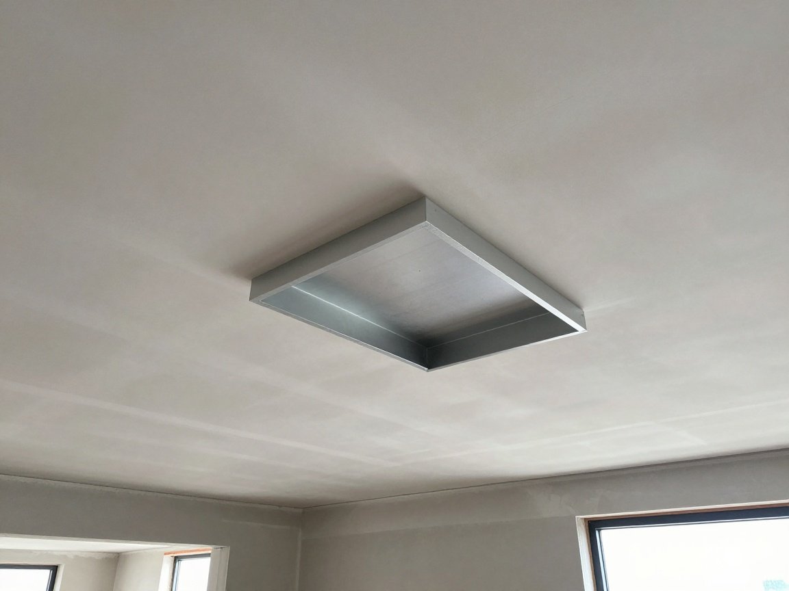 Montage einer Revisionsöffnung im Trockenbau Nahaufnahme einer sauber integrierten Metall-Revisionsöffnung in einer modernen Trockenbau-Decke.