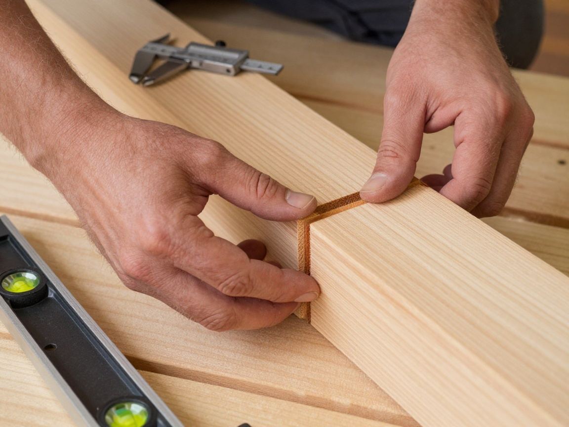 Nahaufnahme von Handwerkerhänden, die die Fuge zweier hochwertiger Saunaholz-Planken mit einem Messschieber prüfen.