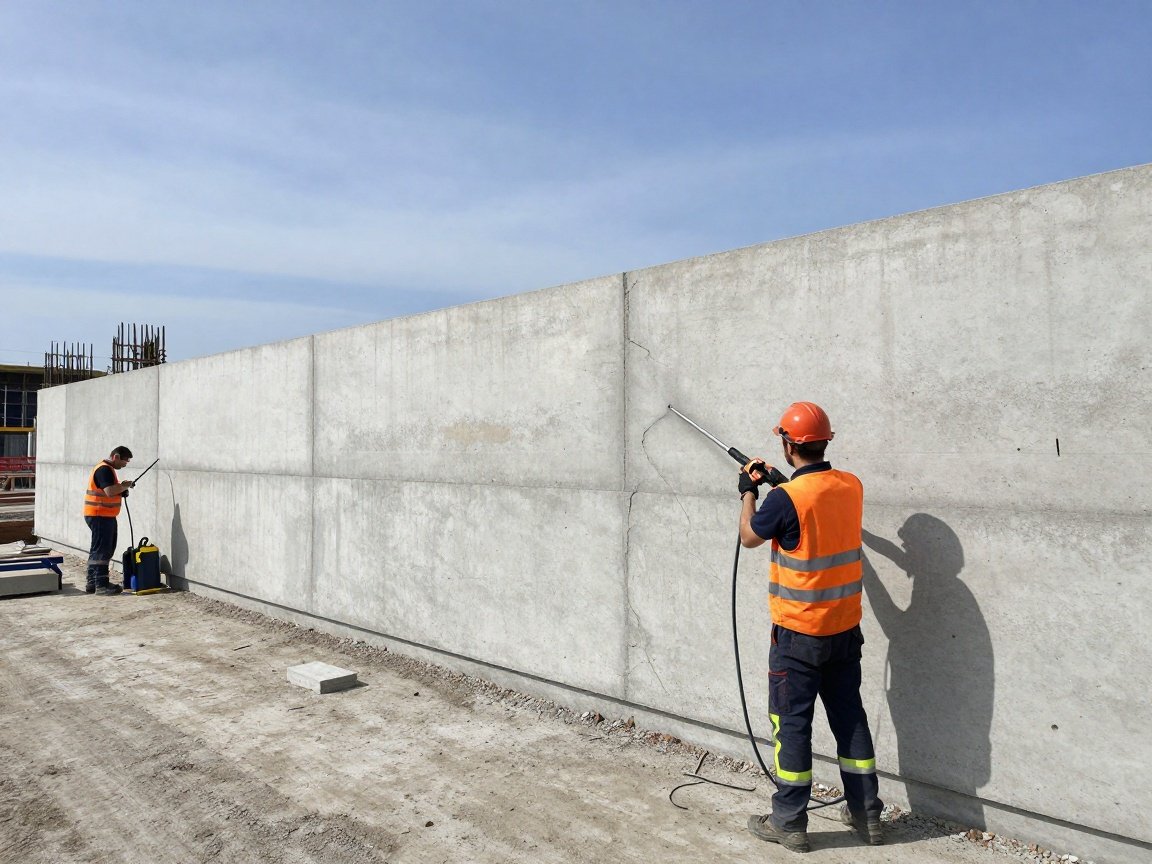 Rissverpressung im Bautenschutz – 3‑4 Std., dauerhafte Abdichtung Fachmann verpresst Risse in einer Betonwand mit Hochdruck-Injektionssystem auf Baustelle in Deutschland