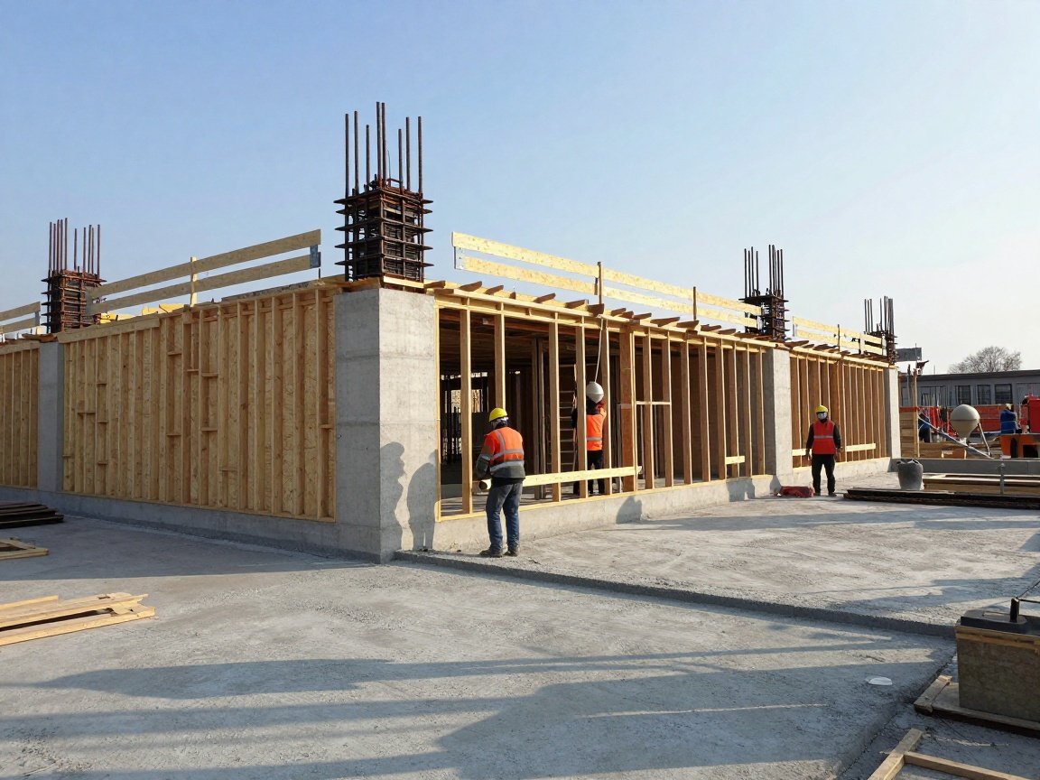 Schalungssystem im Betonbau – Schnellaufbau & 28h Aushärtung Arbeiter montieren ein modernes Schalungssystem aus Holz und Stahl auf einer deutschen Baustelle, während ein Betonboden teilweise gegossen wird