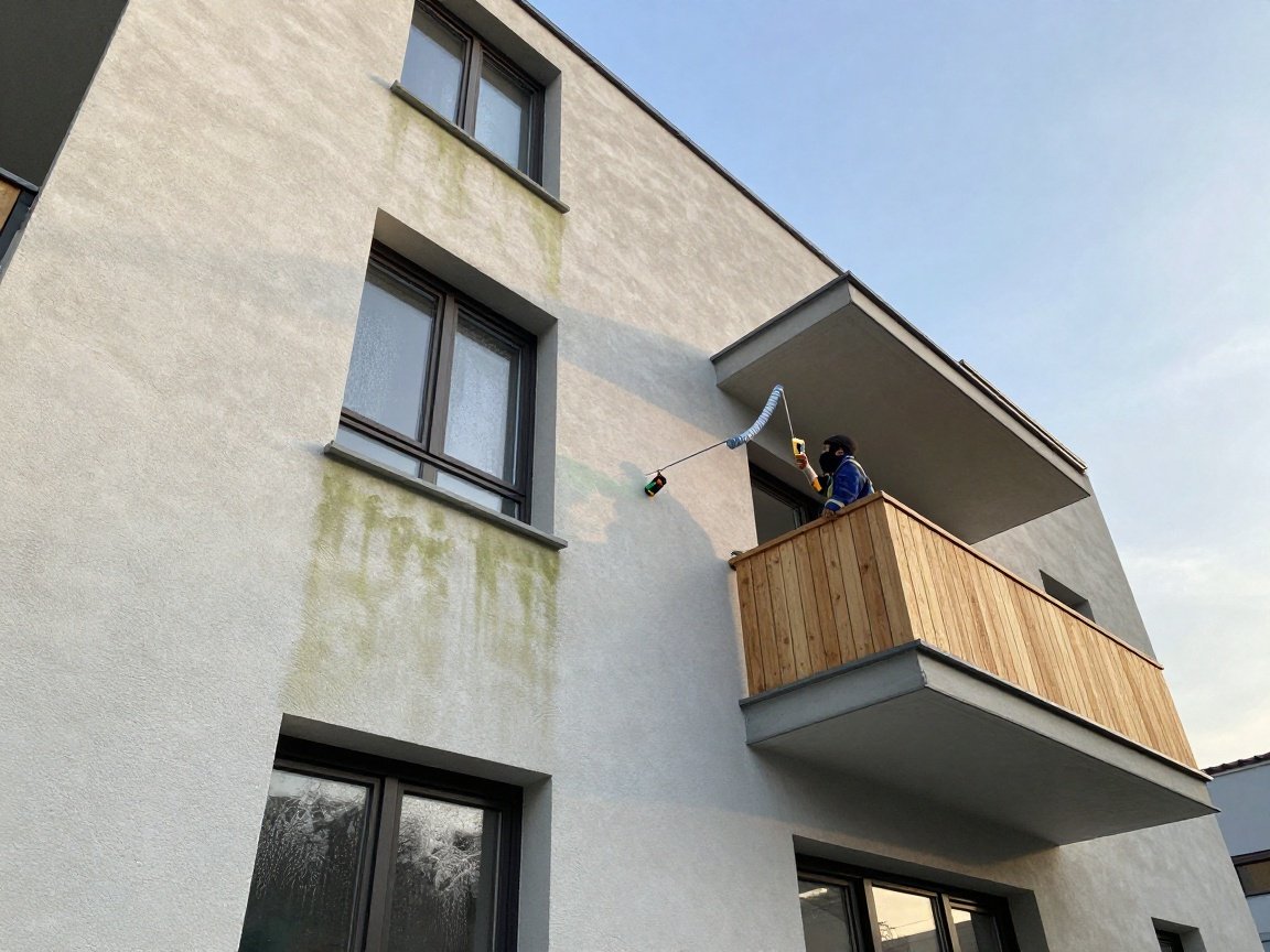 Schimmelbefall erkennen – Hygrometer‑Check spart bis 20 % Kosten Modernes deutsches Wohnhaus mit grünen Schimmelflecken an der Fassade, Bauarbeiter nutzt ein Handhygrometer zur Feuchtigkeitsmessung