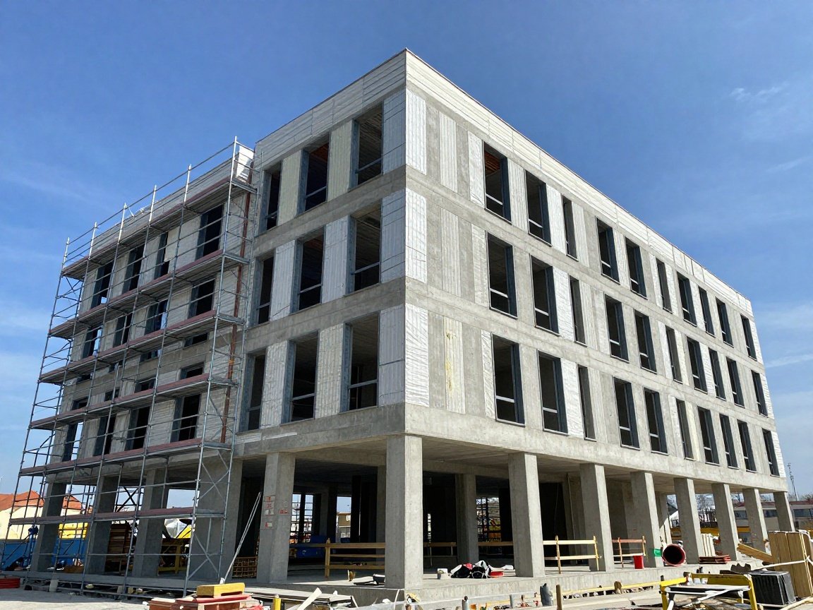 Moderne Baustelle in Deutschland mit Gerüst, Dämmmaterial und Betonstrukturen unter blauem Himmel.