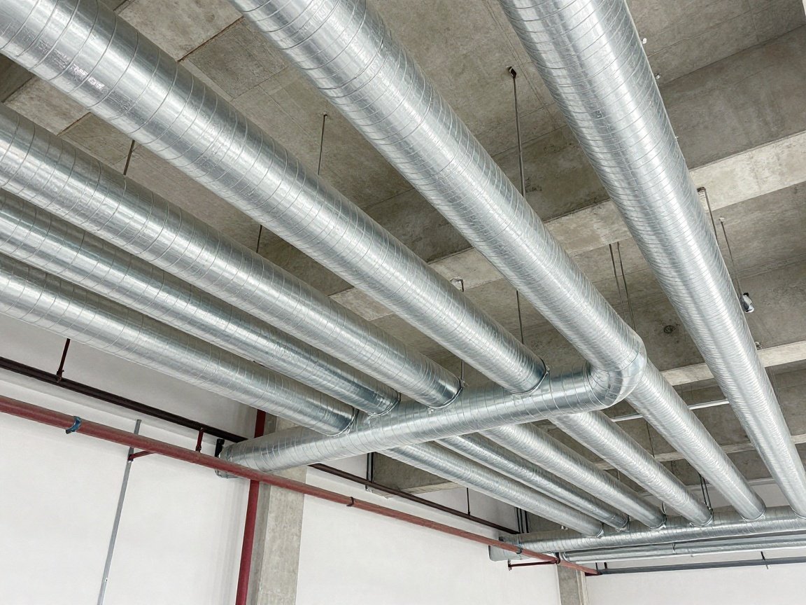Detailplanung Rohrführung im Lüftungsbau Komplexes Netzwerk aus verzinkten Lüftungskanälen und Rohren an einer Betondecke in einem modernen Gebäude.