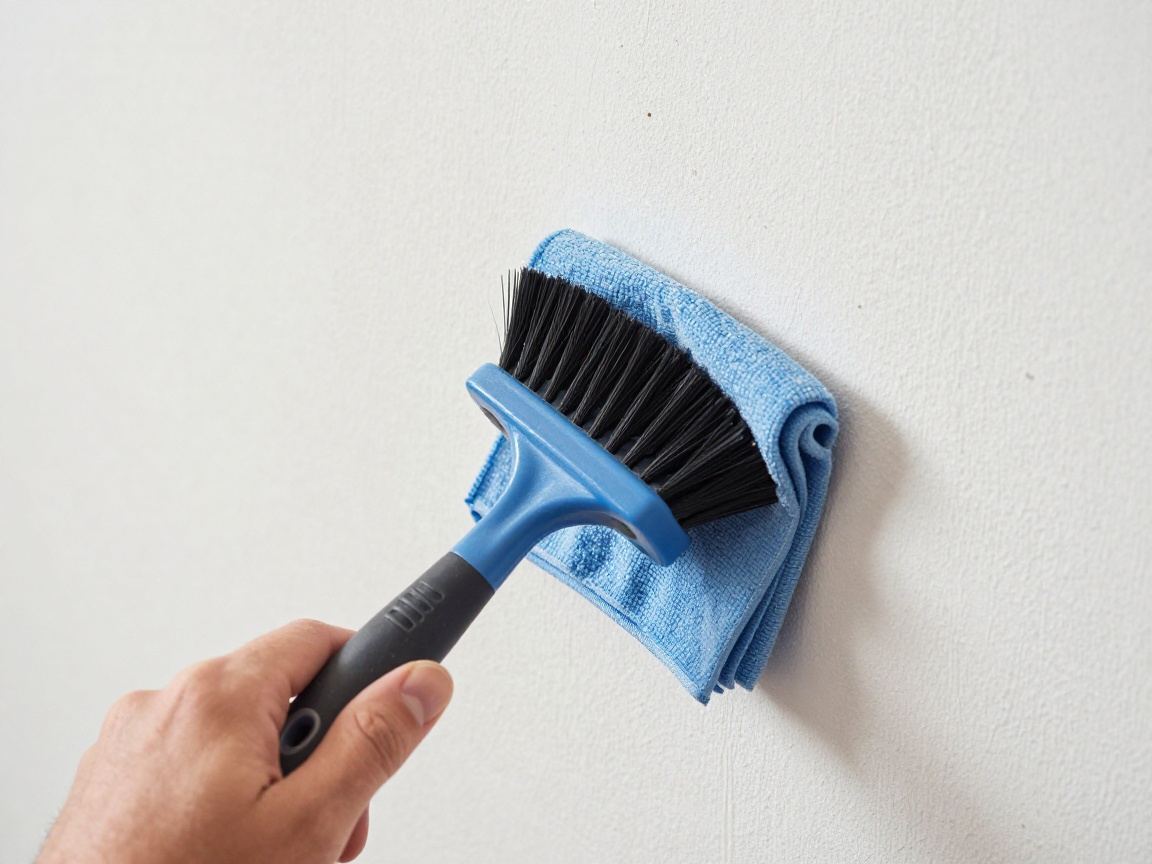 Nahaufnahme einer Malerbürste und eines feuchten Tuchs beim Reinigen einer verputzten Wand von Staubpartikeln.