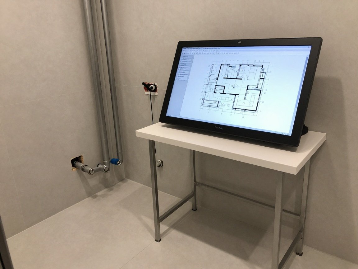 Modernes Sanitärprojekt: DIN‑Normen in Aktion Weitwinkelaufnahme eines modernen deutschen Badezimmers im Bau mit ordentlich verlegten Rohren, Armaturen und einem digitalen Planungsmonitor, der DIN 1988-Schemata zeigt