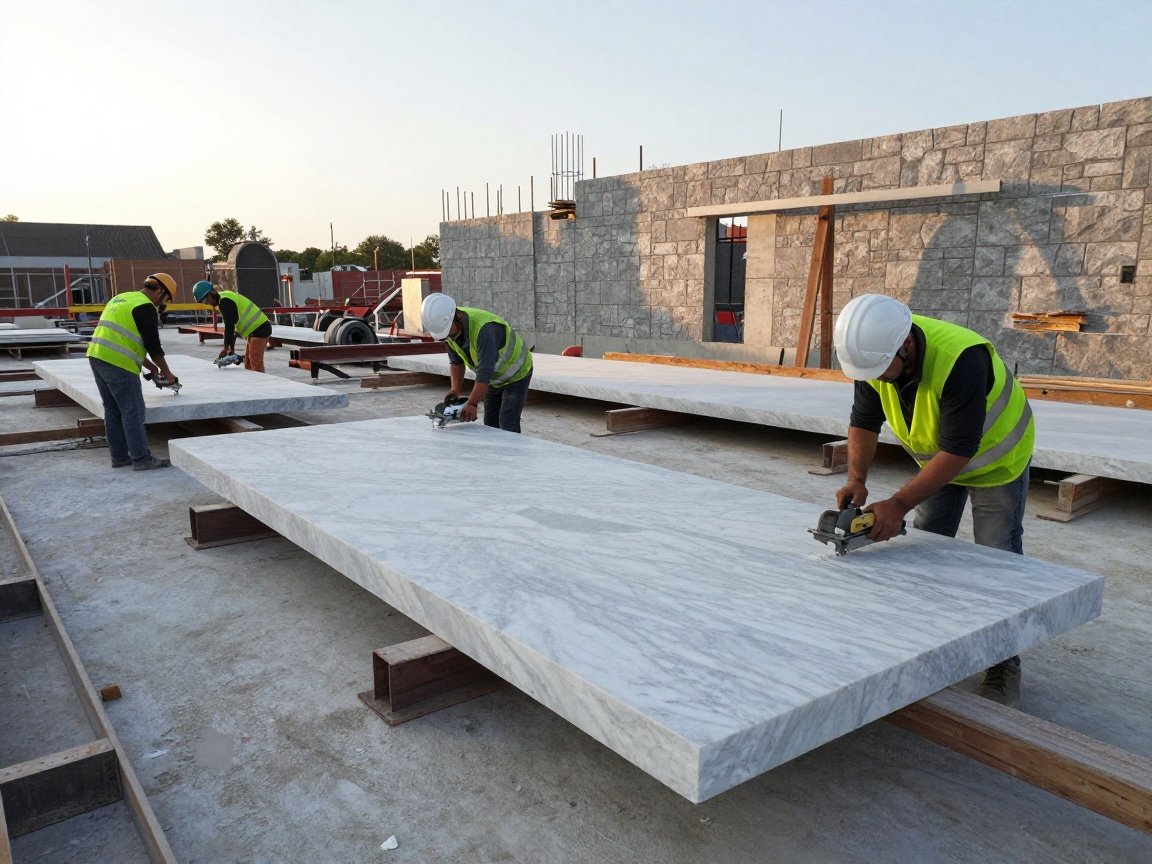 Arbeiter in Sicherheitswesten schneiden Carrara-Marmorplatten mit Diamantsägen auf einer deutschen Baustelle bei Morgendämmerung