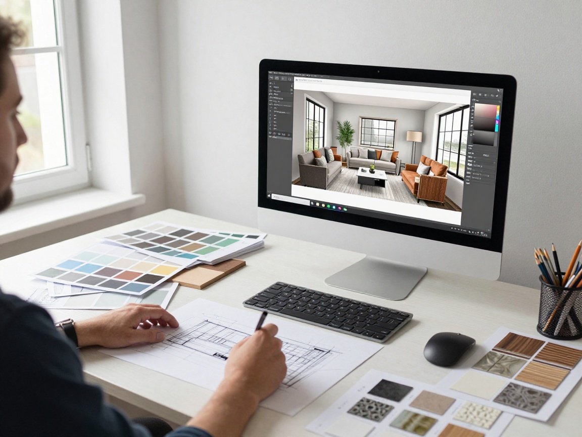 Raumausstatter: Skizzen & Visualisierungen – 30‑Minuten‑Anleitung Designer am Schreibtisch mit Skizzen, Farbproben und einem großen Bildschirm, der ein 3D-Raummodell zeigt