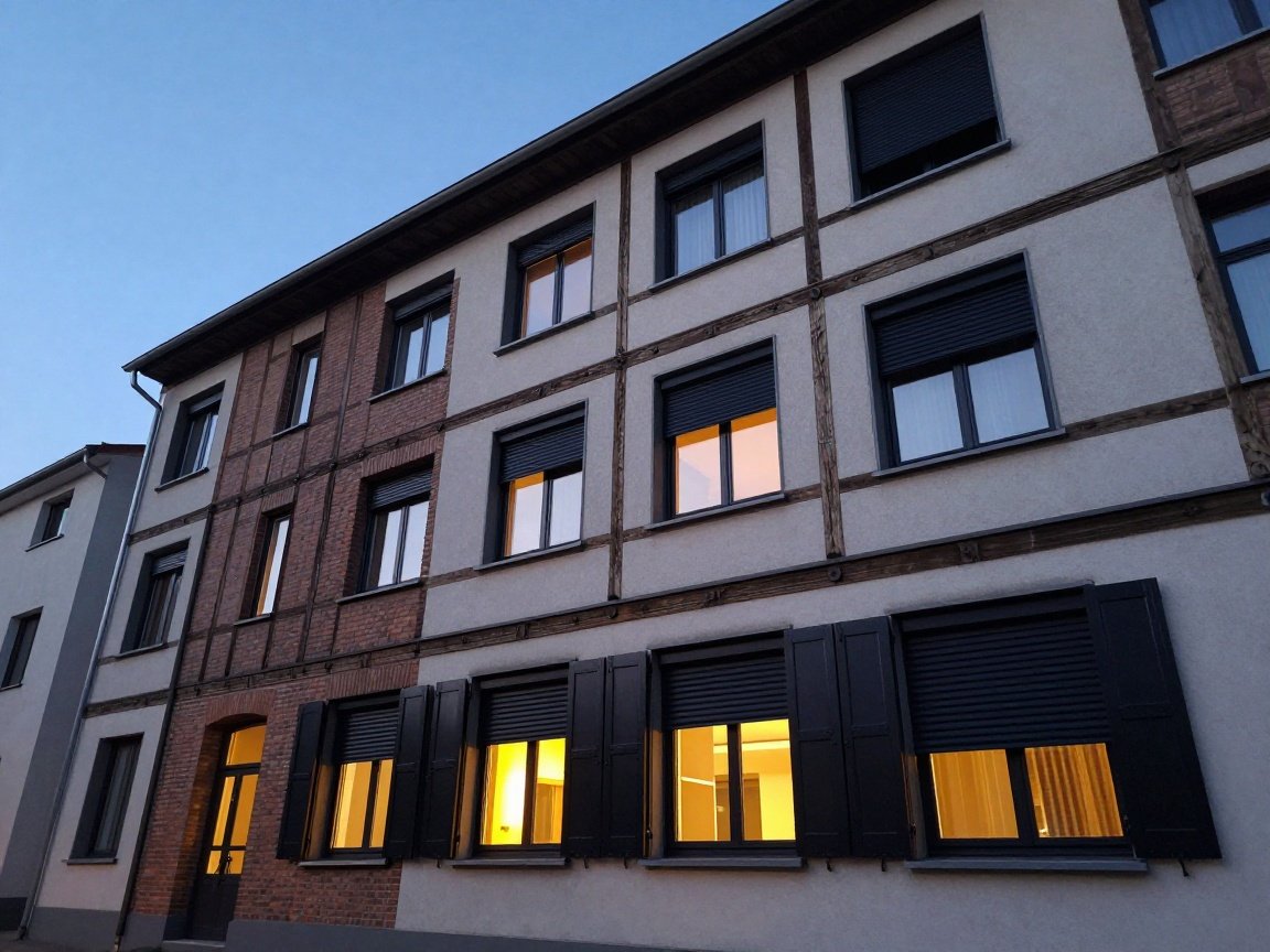 Rollladen-Machbarkeitsprüfung in 30 Min – Schnell & Kostensparend Moderne deutsche Wohnhausfassade bei Dämmerung, mehrere Fenster mit schwarzen Rollläden teilweise geöffnet, warmes Innenlicht kontrastiert mit kühlem Abendhimmel