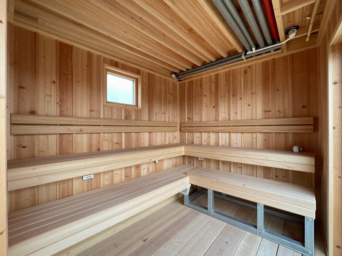 Sauna-Planung: Checkliste zur Kostensenkung Weitwinkelaufnahme eines modernen deutschen Saunaraums in Bau, mit sichtbaren Holzwänden, Stahlrahmen für Heizung und sauber verlegten Stromleitungen an der Decke.