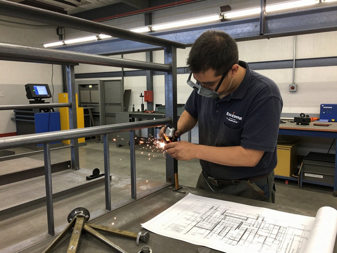 Schlosser im Werkstatt-Setting – Metallarbeiten am Balkon Erfahrener Schlosser arbeitet in einer deutschen Werkstatt, umgeben von Stahlträgern und Schweißausrüstung, während er ein Balkongeländer zusammenbaut.