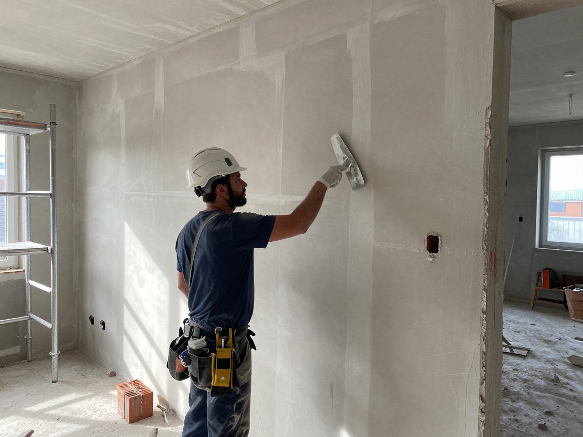 LV-Software: In 30 Minuten ein Leistungsverzeichnis erstellen Plasterer trägt Helm und Schutzkleidung, wendet Zementputz mit Kelle an einer halb fertigen Innenwand auf einem deutschen Baugrundstück